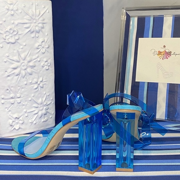 Fashion nova neon blue clear ankle strap square high heel sandals Sz 10 - Picture 14 of 15